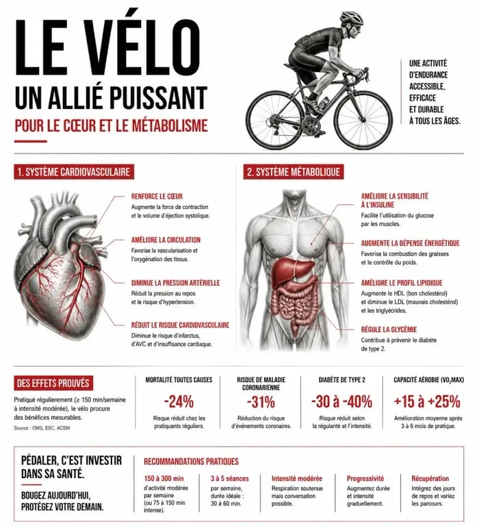 Infographie sur les bienfaits du vélo pour le système cardiovasculaire