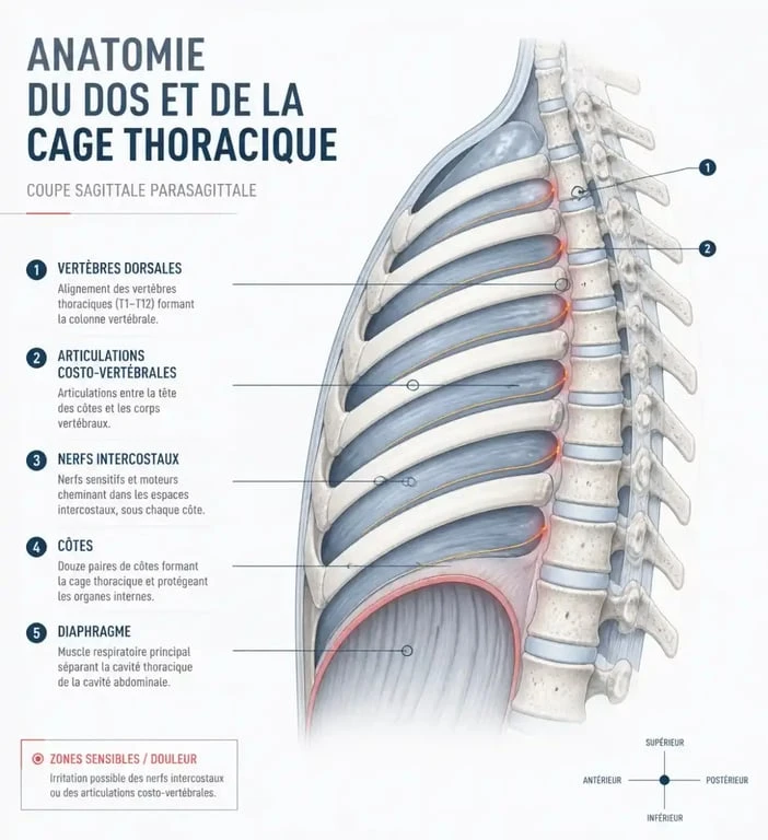 Schéma anatomique du dos et de la cage thoracique expliquant pourquoi on a mal au dos quand on respire