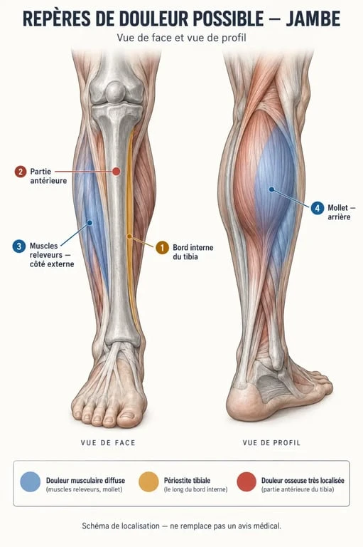 Schéma des zones de douleur associées à une courbature tibia, une périostite tibiale ou une douleur musculaire