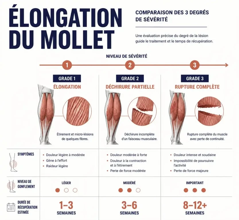 Comparaison des grades de claquage au mollet : élongation, claquage et rupture musculaire