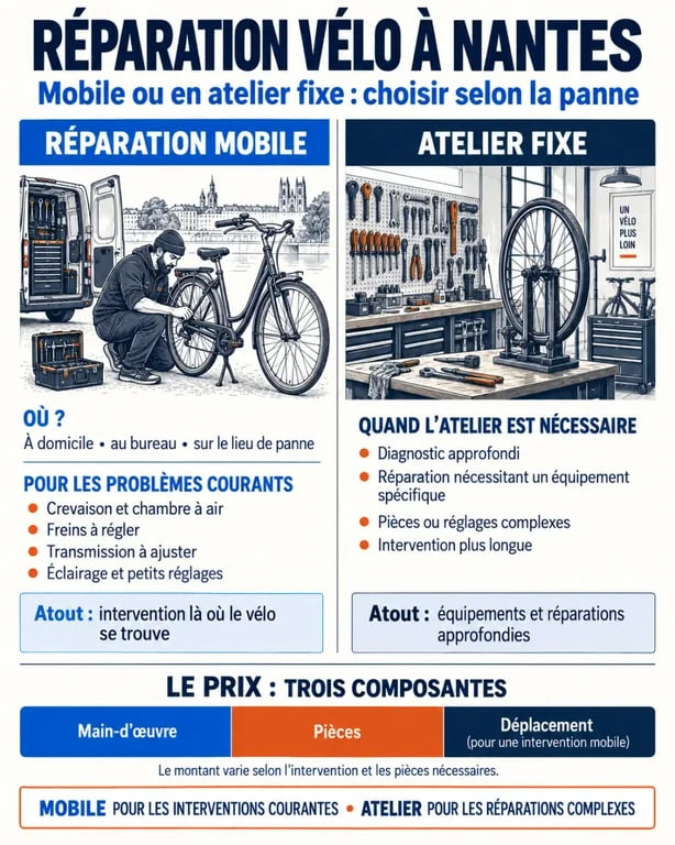 Infographie sur la réparation vélo Nantes à domicile et en atelier
