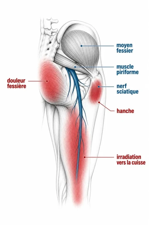 Douleur fessier : schéma simplifié du nerf sciatique et des zones de douleur dans la fesse