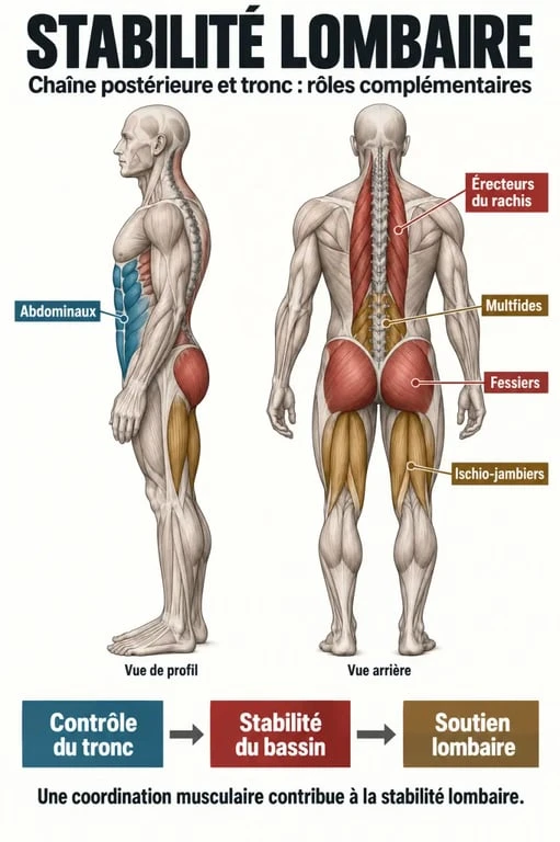Schéma des muscles sollicités pour la musculation lombaire et la chaîne postérieure