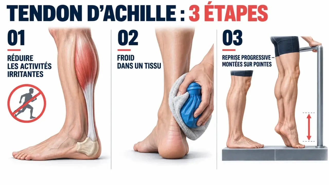 Illustration des étapes pour soulager le tendon d’Achille avec repos relatif, froid et reprise progressive