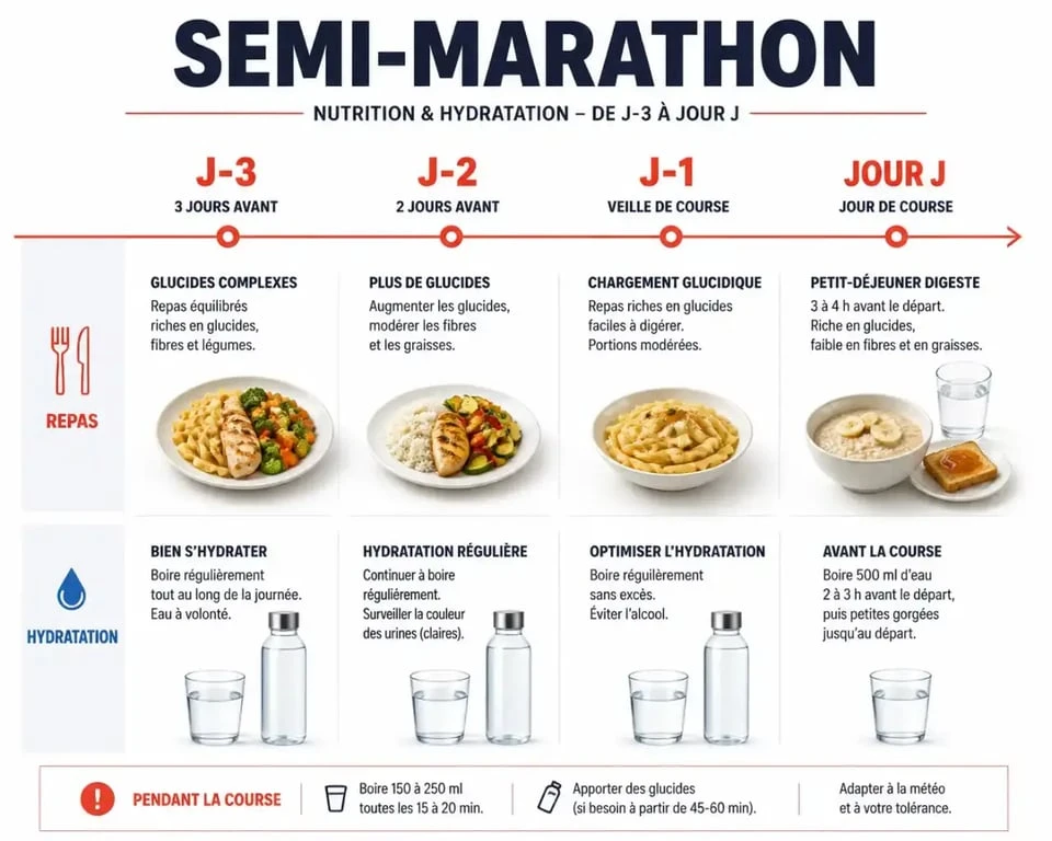 Frise chronologique de la nutrition pour préparer un semi-marathon de 21km