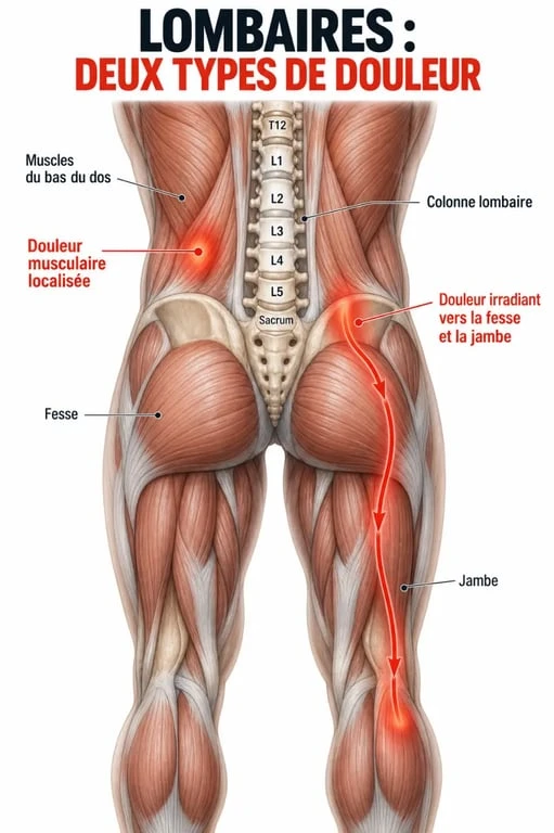 Courbature bas du dos : localisation des muscles lombaires et trajet d’une douleur irradiée