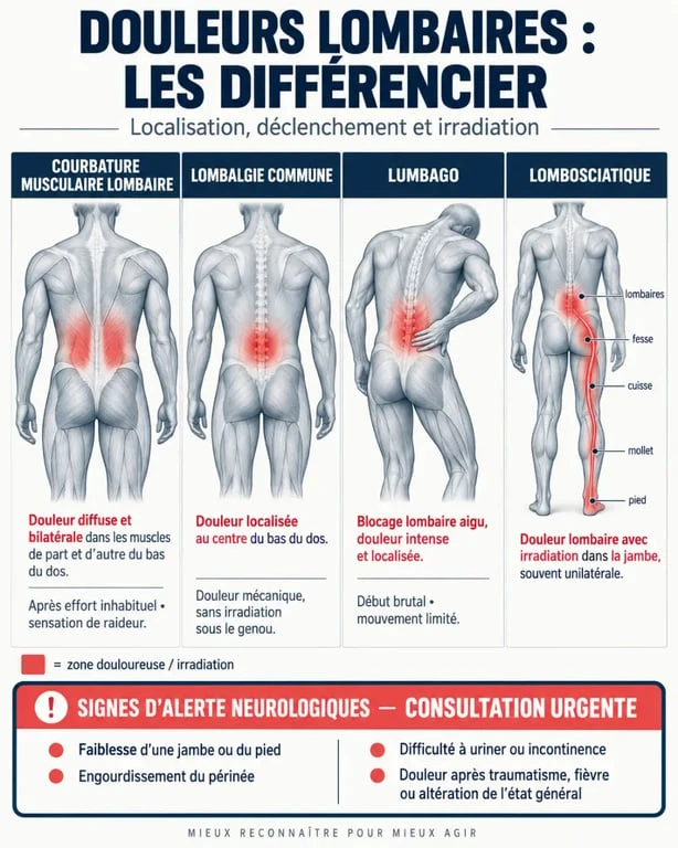 Courbature bas du dos : comparaison des douleurs lombaires et des signes d’alerte