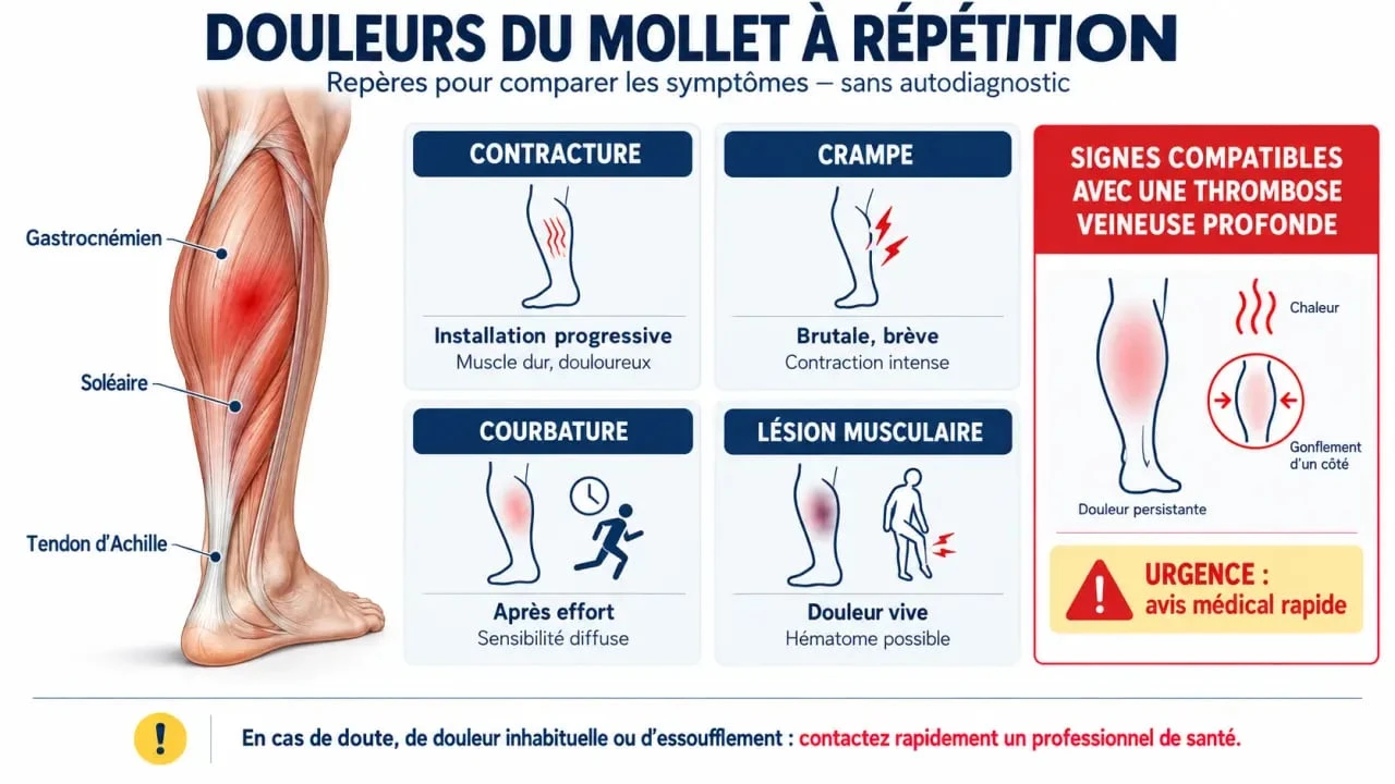 Infographie sur la contracture mollet à répétition et les différences avec crampe, courbature, lésion musculaire et signes veineux