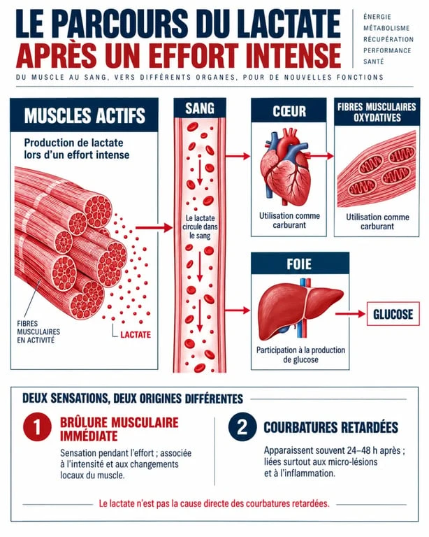 Schéma expliquant comment éliminer l'acide lactique et le devenir du lactate après l'effort