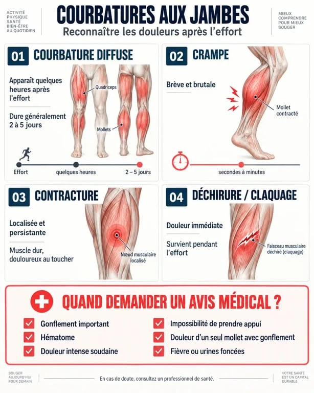 Infographie pour distinguer les courbatures aux jambes des crampes, contractures et déchirures
