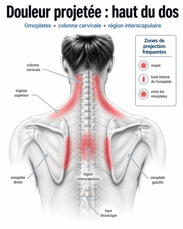 Douleur aux omoplates : schéma anatomique du haut du dos, des omoplates et de la colonne cervicale