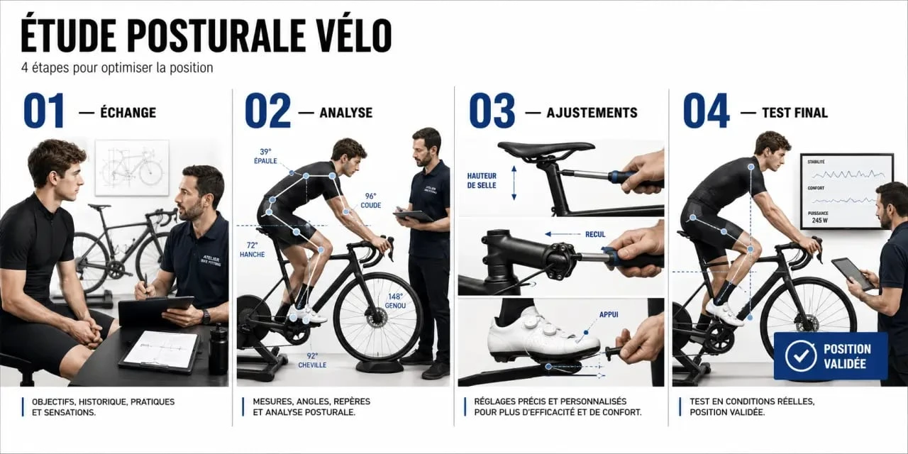 Frise visuelle d'une etude posturale velo en quatre étapes pour comprendre le déroulé d'une séance