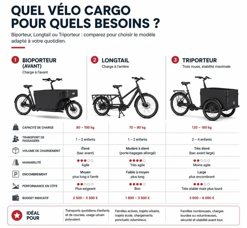 Comparaison des types de vélos pour la location de vélo cargo à Nantes : biporteur, longtail et triporteur