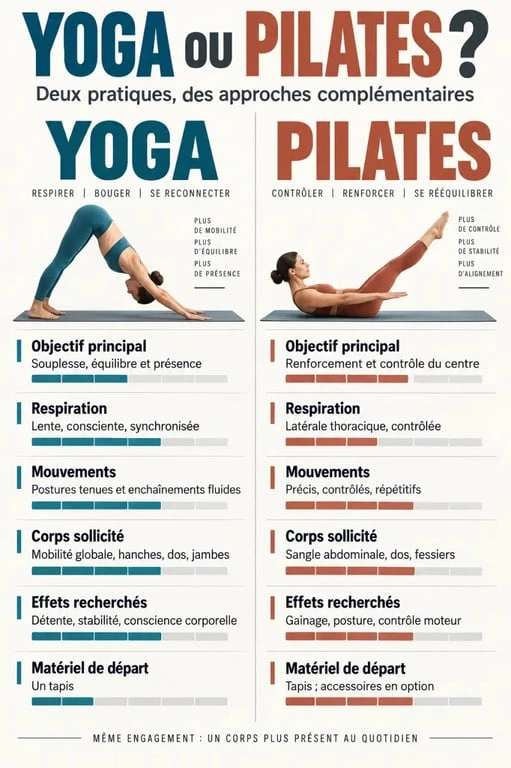 Yoga ou Pilates : comparaison visuelle des objectifs, de la respiration, des mouvements et du matériel
