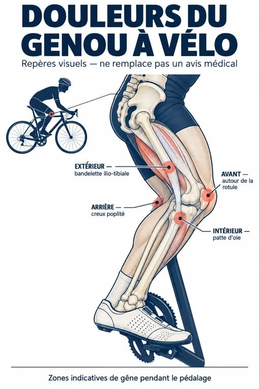 Schéma des douleurs genoux vélo selon la zone du genou