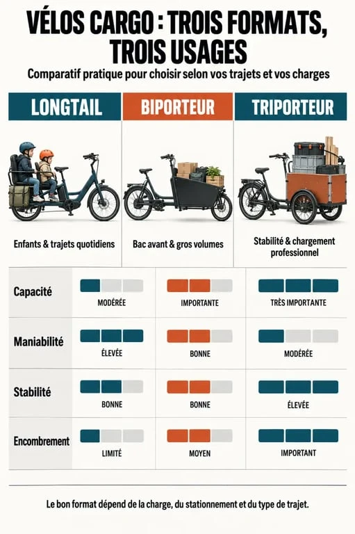 Infographie comparative des formats de vélo cargo à Nantes : longtail, biporteur et triporteur
