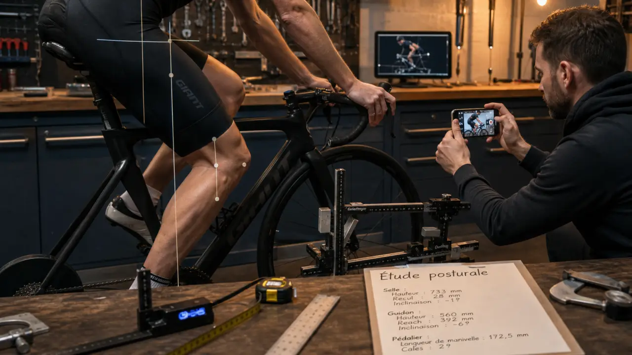 Etude posturale velo en atelier, réglage précis sur home trainer
