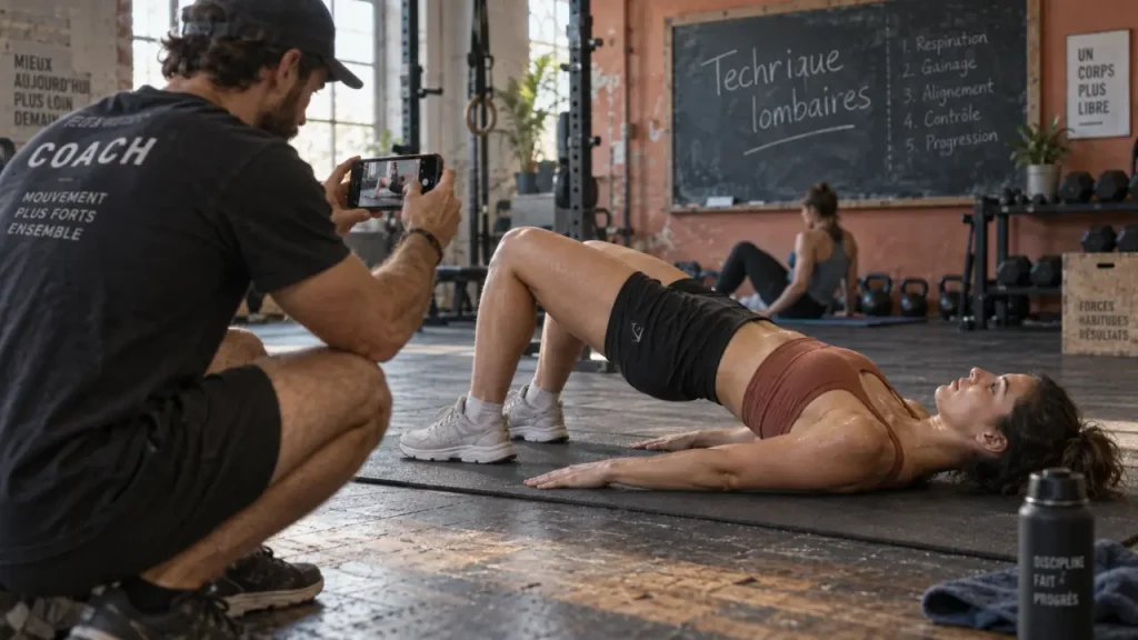 Lombaire musculation : coach et pont fessier pour dos