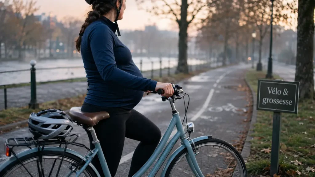 Vélo et grossesse : femme enceinte à vélo sur une piste calme