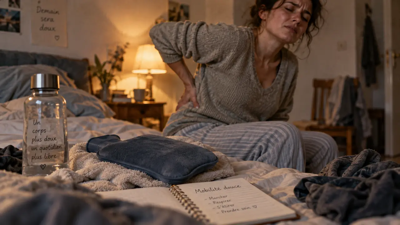 Contraction du dos : compresse chaude sur le bas du dos, posture assise