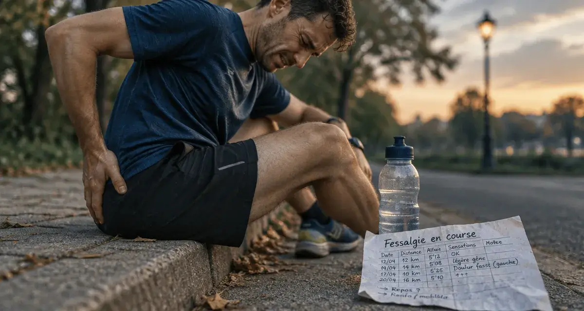 Douleur fessier course à pied : coureur assis, main sur la fesse douloureuse