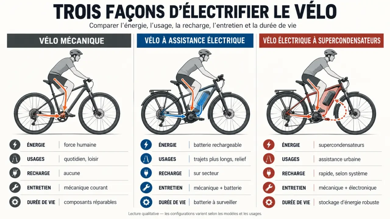 Velo ecolo : comparaison entre vélo mécanique, VAE avec batterie et vélo électrique sans batterie