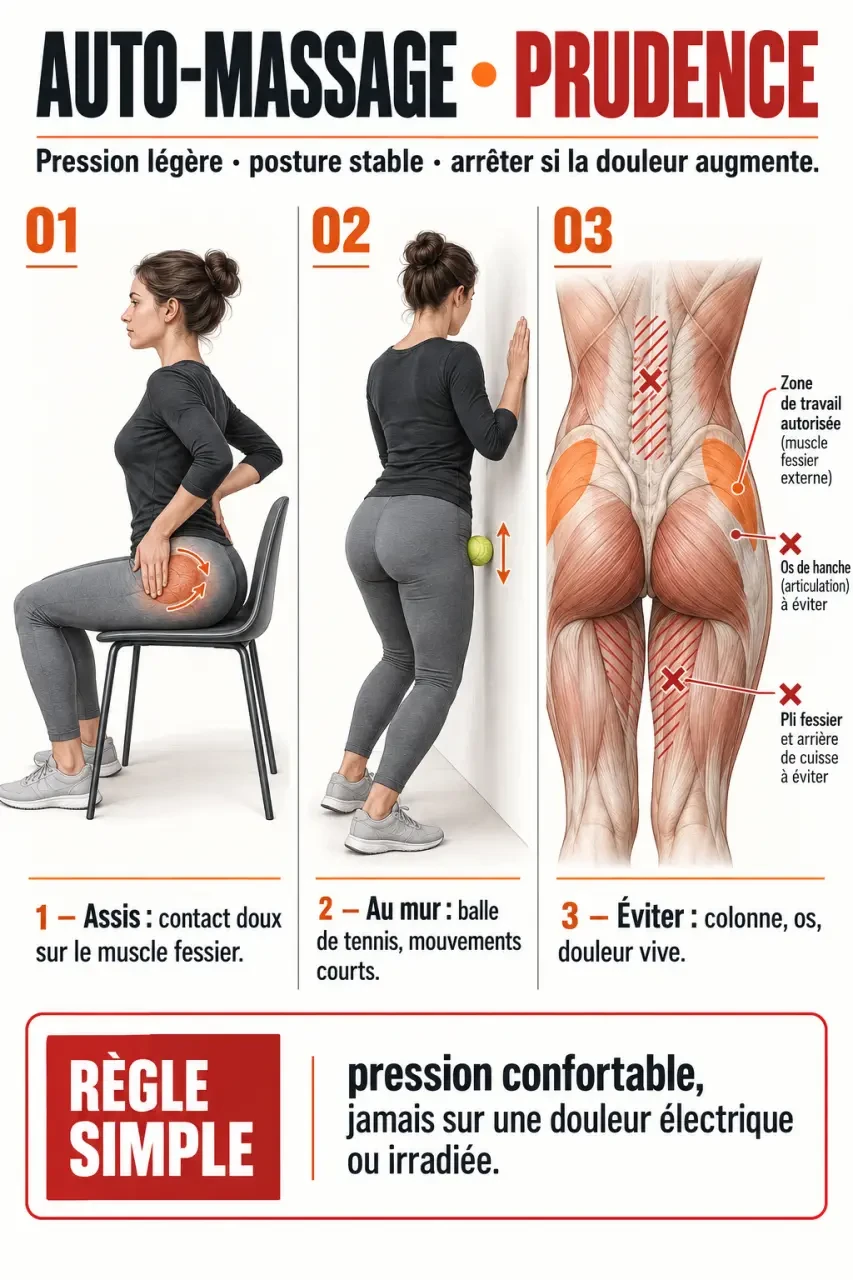 Auto massage nerf sciatique avec les mains et une balle de tennis en position prudente
