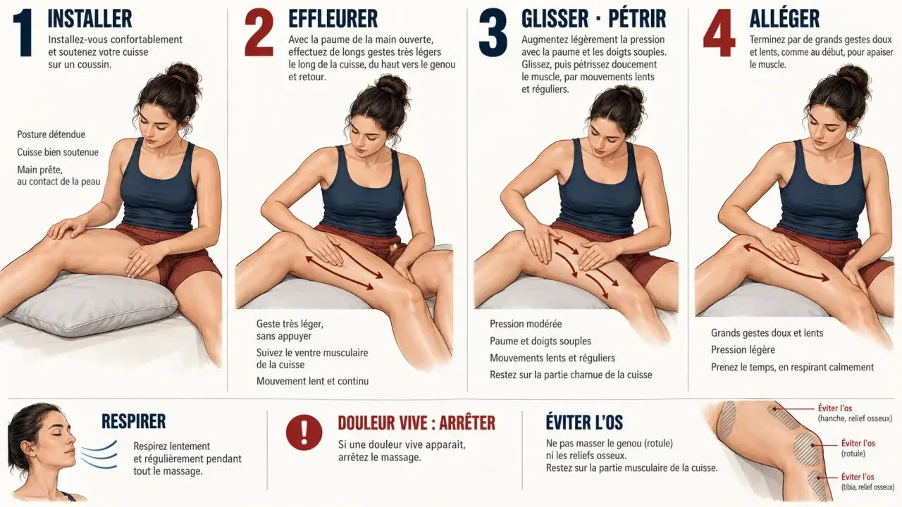 Illustration des étapes pour masser un muscle avec des gestes doux et une pression progressive