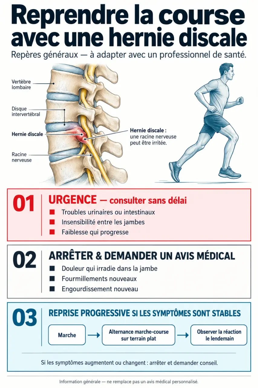 Infographie sur courir avec une hernie discale et les signes d’alerte avant une reprise progressive