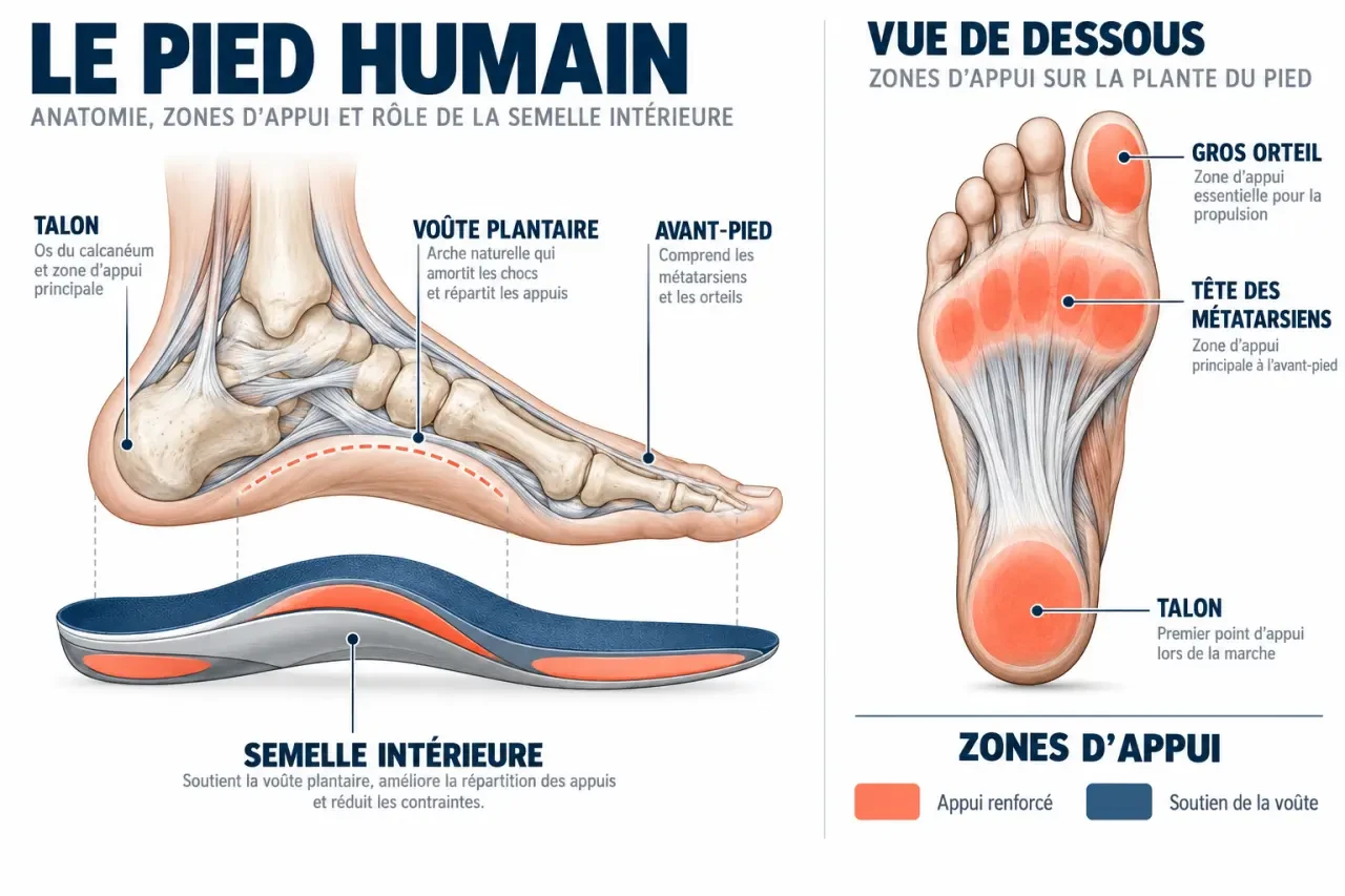 Schéma d’une semelle pied et des principales zones d’appui sous le pied