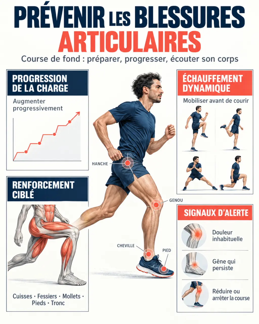 Prévenir les blessures articulaires chez les coureurs de fond : progression, échauffement, renforcement et signaux d’alerte