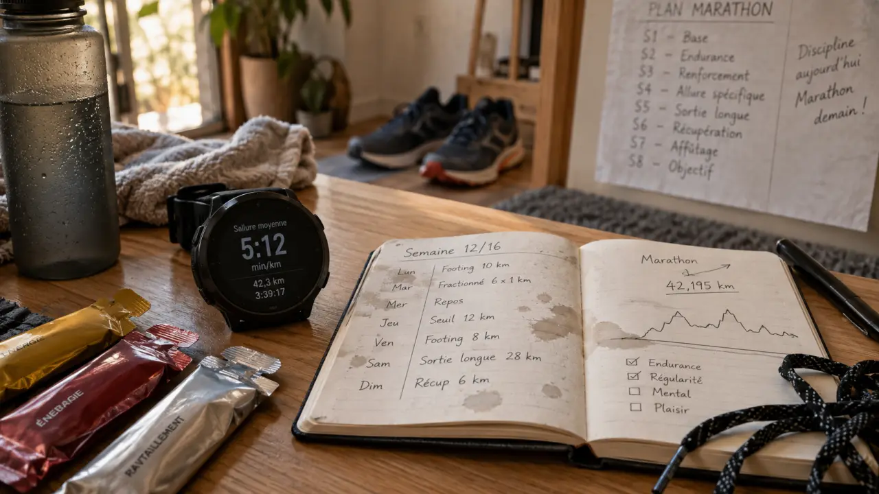Préparation marathon : carnet d’entraînement, gels et coureur avant la séance longue